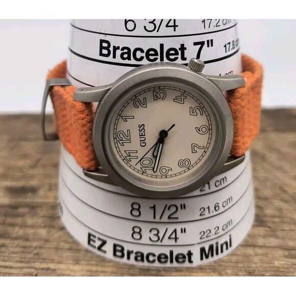 Vintage Guess 36mm Watch 1997 Silver Tone Orange Fabric Band - New Battery - Picture 7 of 8